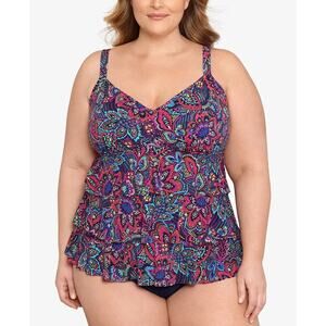 Swim Solutions Tummy Control Fauxkini One-Piece Swimsuit Navy Sz 24W NWT